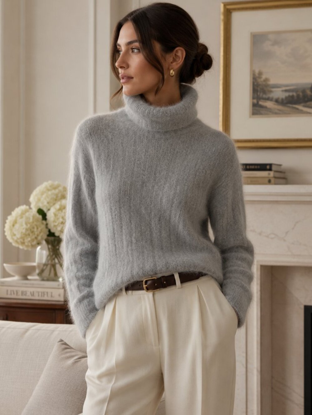 Rafaella Gray Angora Lambswool Turtleneck Sweater Women's M Old Money Cozy